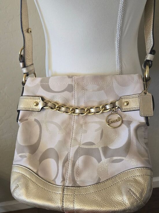 Coach Handbags - Coach Gold Metallic Signature Chain With Leather Trim Crossbody Bag